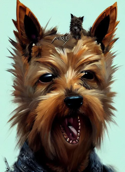 Prompt: norwich terrier in warriors clothing backround dark, highly detailed, digital illustration, trending in artstation, modern painting, smooth, sharp focus, intricate, by peter mohrbacher