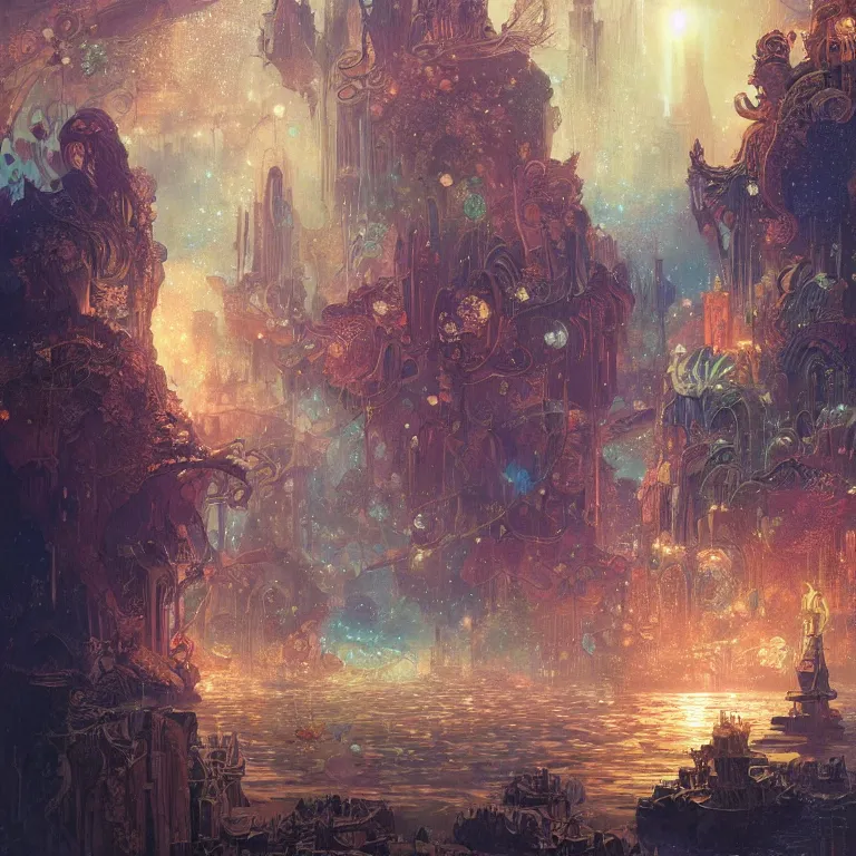 Image similar to a beautiful painting of the city of atlantis, underwater with glowing lights, corals and jellyfish, with the night sky with stars above, intricate, elegant, highly detailed, digital painting, artstation, concept art, by krenz cushart and artem demura and alphonse mucha