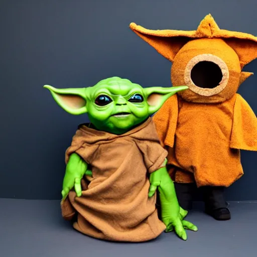 Image similar to the mandalorian in a large, stuffed, mango halloween costume. baby yoda stands next to him in a goard costume