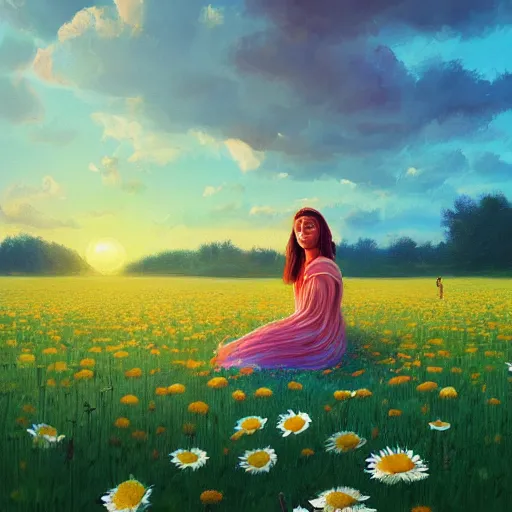 Image similar to giant daisies flower as head, girl sitting in a flower field, surreal photography, sunrise, dramatic light, impressionist painting, colorful clouds, digital painting, artstation, simon stalenhag