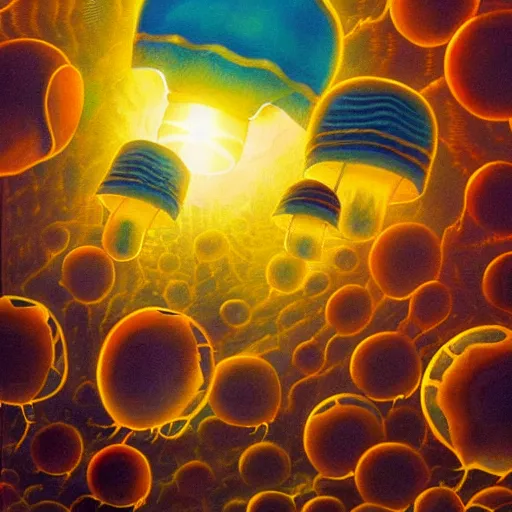 Image similar to a beautiful painting of a group of jellyfish fly in sunset by Angus Mckie, Trending on artstation