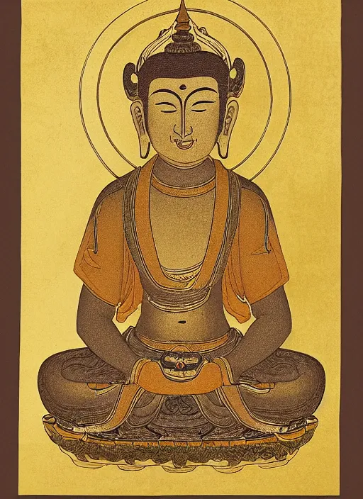Prompt: detailed illustration of an anthropomorphic asian black bear Buddhist bodhisattva, seated in royal ease, 0.1 black micron pen, gilded gold halo behind head, highly detailed, fine pen work, religious iconography,