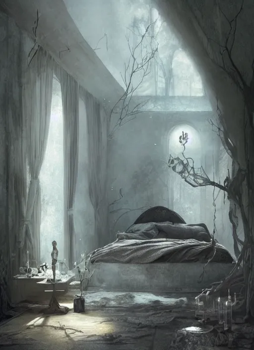Image similar to a dreary bedroom that blends with fantastical scenes of dreams, dreams invading mundane spaces, fantasy infiltrating reality, bubbles of the impossible, swirls of magic, 8k, ultradetailed, illustrated by Greg Rutkowski and Caspar David Friedrich.