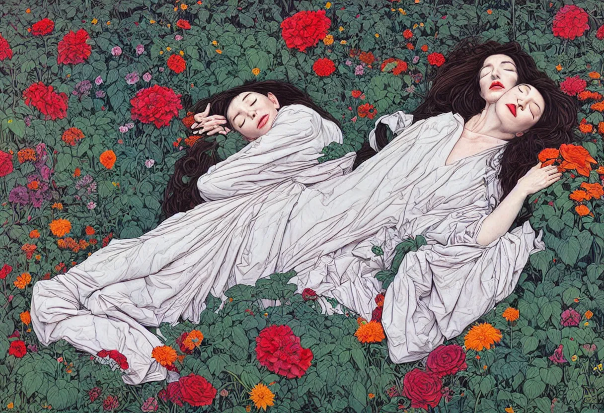 Prompt: portrait of kate bush sleeping in a garden by james jean