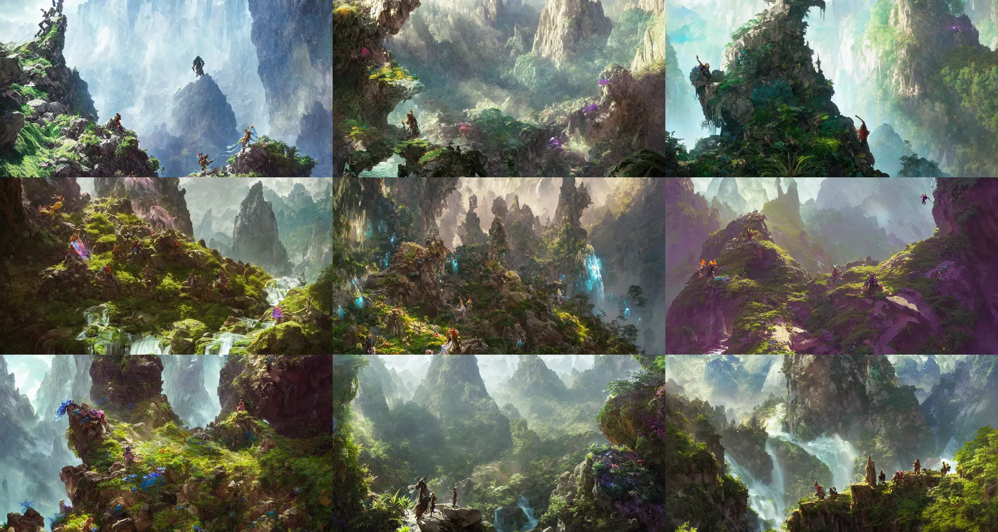 Prompt: adventurers climbing a rocky mountain made of rainbow gemstones and crystal and glass, refraction and reflection, iridescent, verdant and lush and overgrown, fantasy, intricate, elegant, highly detailed, digital painting, artstation, concept art, matte, sharp focus, illustration, hearthstone, art by ruan jia and greg rutkowski and alphonse mucha