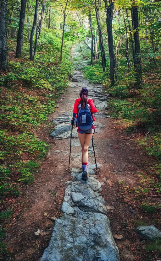 Image similar to an anime girl hiking the Appalachian Trail alone, three point perspective, anime scene, digital art, 4k ultra