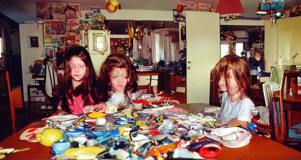 Prompt: 90's Professional Color Photography, Nikon, A girl in the cluttered dining room. Summer