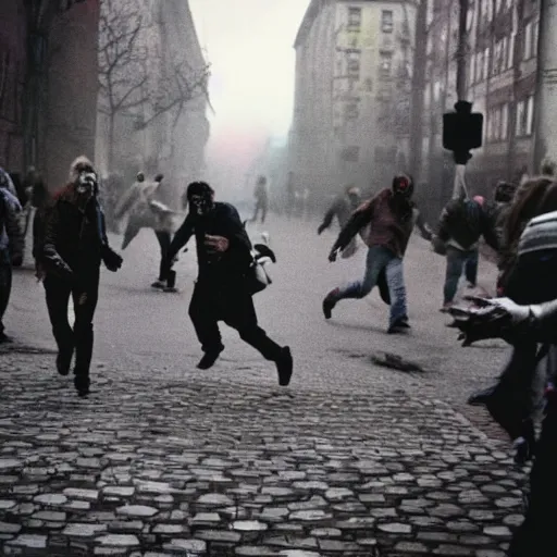 Image similar to zombie apocalypse on the streets of riga in 9 0 s, panic, horror, people running