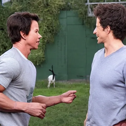 Image similar to mark wahlberg and andy samberg talking to farm animals