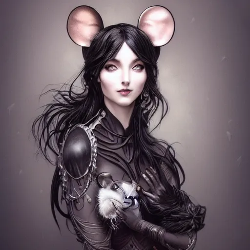 Image similar to a photograpic portrait of a anthropomorphic mouse wearing black clothes, black hair, grey skin, grey mouse ears, fantasy, intricate, elegant, highly detailed, digital painting, artstation, smooth, sharp focus, illustration, art by artgerm and H R Giger and alphonse mucha