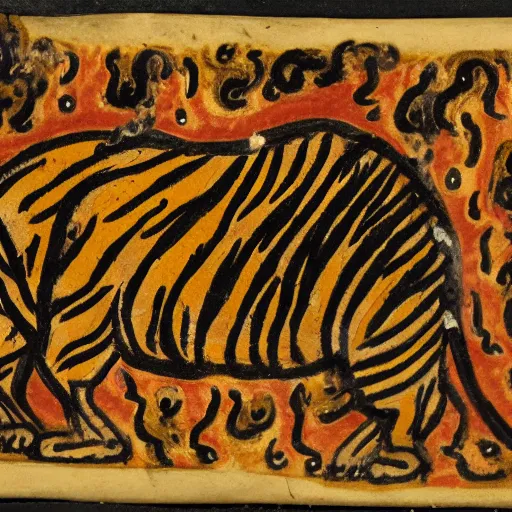 Image similar to bad drawn tiger made of smoke, lava and fire flying in the sky with many legs in a medieval manuscript, medieval manuscript, golden miniatures