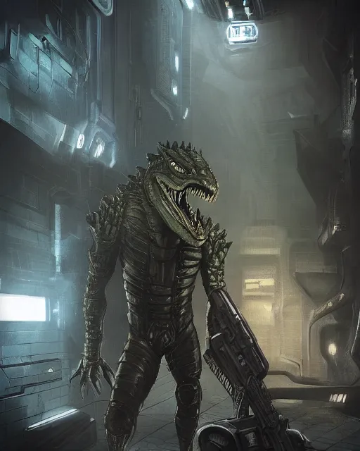 Image similar to Sci-Fi Crocodile alien, armored, big, art by Kashin, Wadim, Martinière, Stephan, holding rifle, sharp focus, pitch black cursed evil Spaceship hallway, dark light, soft purple glow, heroic pose, sci-fi artwork, octane render, dead space artwork, cyberpunk, warm light, occult, magical, volumetric lighting, 8k high definition, highly detailed, trending on art Station, centered, by Greg Rutkovski, sci-fi artwork, arnold render