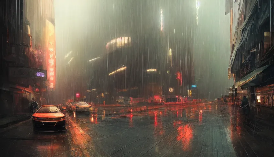 Image similar to city street of distant future 3 0 th century in early evening by laser lights during rain, shadows, reflections, epic composition, intricate, elegant, volumetric lighting, digital painting, highly detailed, artstation, sharp focus, illustration, concept art, ruan jia, steve mccurry