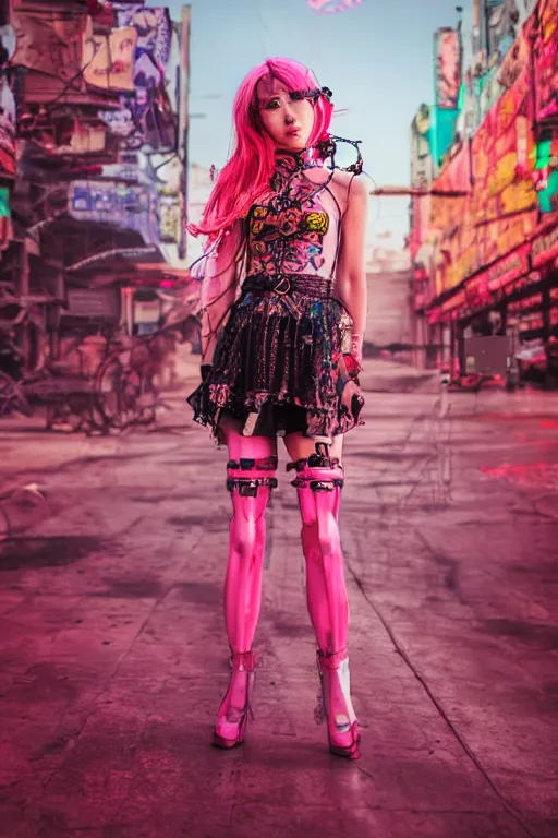 Prompt: antediluvian steppe magical girl wearing cybernetic floral valentino, cyberpunk steppe market background, bright cinematic fashion photography