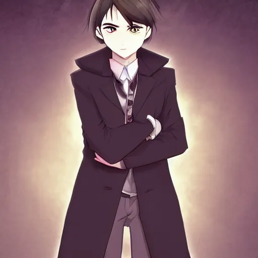 Prompt: a male teen with dark short hair and dark brown eyes wearing a dark formal overcoat, anime style, portait photo, high quality, beautiful, trending on DeviantArt, anime boy