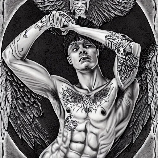 Image similar to beautiful androgynous fallen angel with tattoos on his body being cast from heavens, intricate, hd, high detailed, 4 k, art by grey rukowski