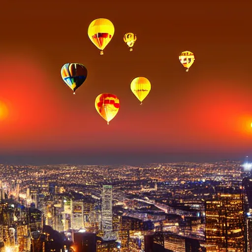 Prompt: 3 hot air balloons flying in the night sky above a city, realistic photograph