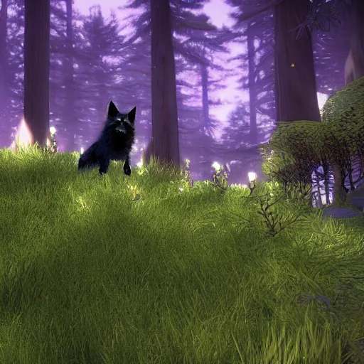 Image similar to second life game screenshot of a fluffy black fox close up beautiful and amazing fantasy forest at night, octane engine, 4 k screenshot