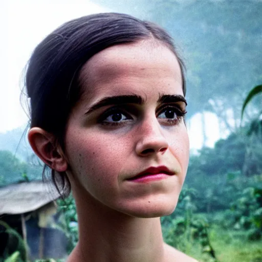 Prompt: film still, portrait, head and shoulders, dirt road background, emma watson, jungle, vietnam war soldier, apocalypse now, associated press, 2 6 mm, kodak ektachrome, blue tint expired film,