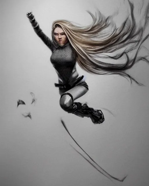 Image similar to pencil drawing of beautiful cat - robo woman goddess, beautiful blonde hair flying in the wind, hyper realistic face, in the style of greg rutkowski, fantasy, amazing detail, epic, elegant, smooth, sharp focus, from the front