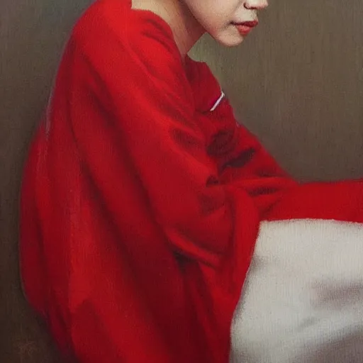 Image similar to portrait of a woman wearing white and red, oil painting by leng jun.