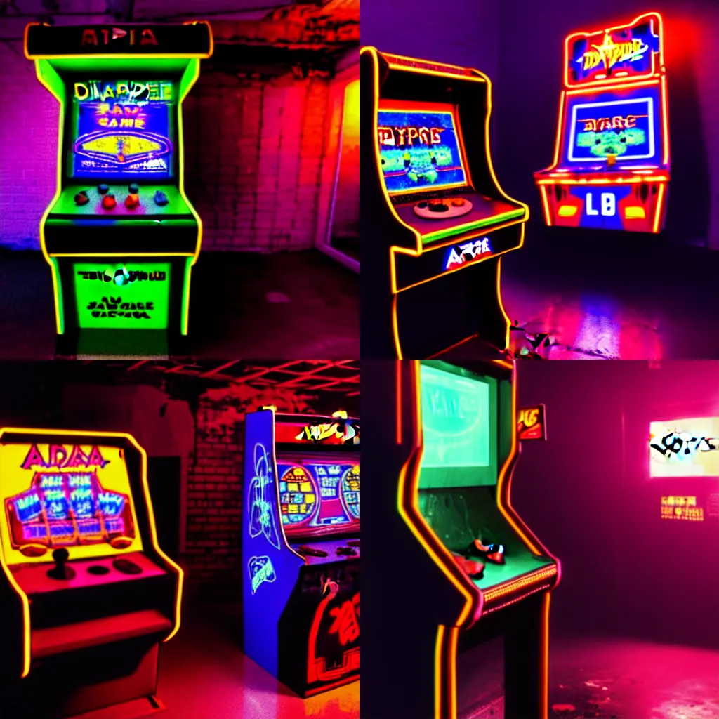 Prompt: an arcade cab from 1984 running a game in a dilapidated cyberpunk warehouse in a crumbling building dangling by the power cord on the edge of a cliff overlooking the ocean, Neon lighting, volumetric lighting, dimly lit, reflective surfaces