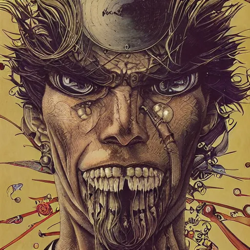 Prompt: portrait of crazy pirate, symmetrical, depth of field, by yoichi hatakenaka, masamune shirow, josan gonzales and dan mumford, ayami kojima, takato yamamoto, barclay shaw, karol bak, yukito kishiro