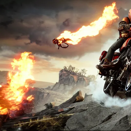 Image similar to kratos jumping a black harley - davidson motorcycle off a cliff, cinematic render, playstation studios official media, god of war 2 0 1 8, flames, centered