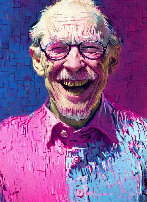 Image similar to portrait of a beautiful old man, smiling, ecstatic, dancing, eyes closed, open mouth, shades of pink and blue, beautiful face, rule of thirds, intricate outfit, spotlight, by greg rutkowski, by jeremy mann, by francoise nielly, by van gogh, digital painting