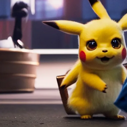 Image similar to a film still of detective pikachu, artwork by caravaggio