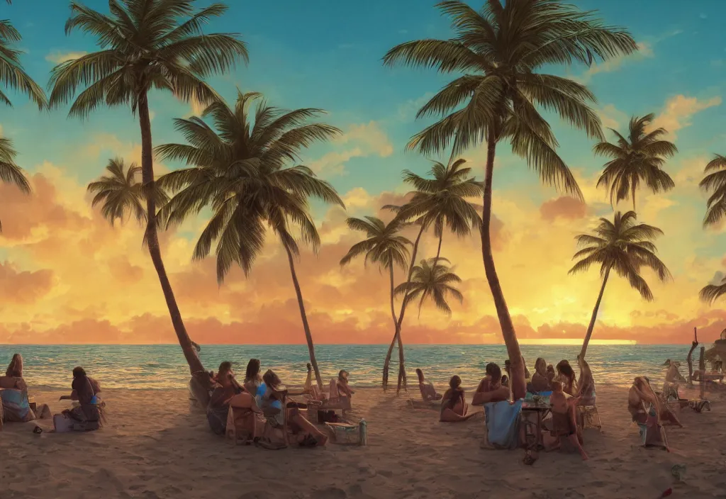 Prompt: A highly detailed matte painting of a sunrise at a beautiful beach with palm trees and sea, people in Hawaiian shirts with big cocktails, sunrise, palmtrees by Studio Ghibli, Makoto Shinkai, by Artgerm, by WLOP, by Greg Rutkowski, volumetric lighting, cyberpunk, octane render, 4K resolution, trending on artstation, masterpiece