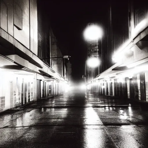 Image similar to taken using a film camera with 35mm expired film, bright camera flash enabled, cyberpunk city at night, slightly foggy, creepy, liminal space,