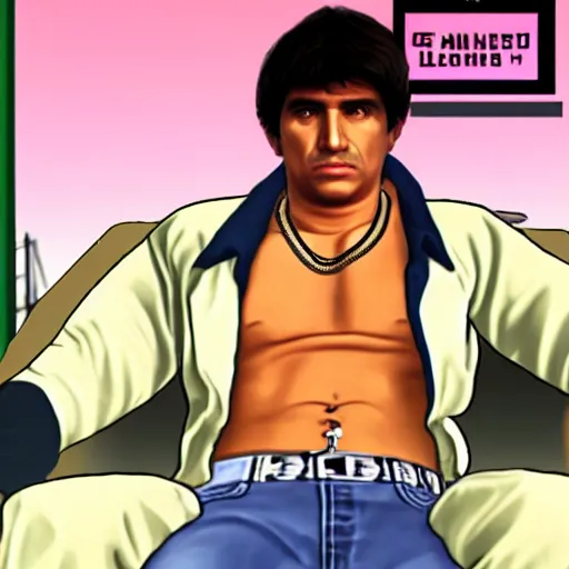 Image similar to screenshot of tony montana as a character in grand theft auto vice city videogame
