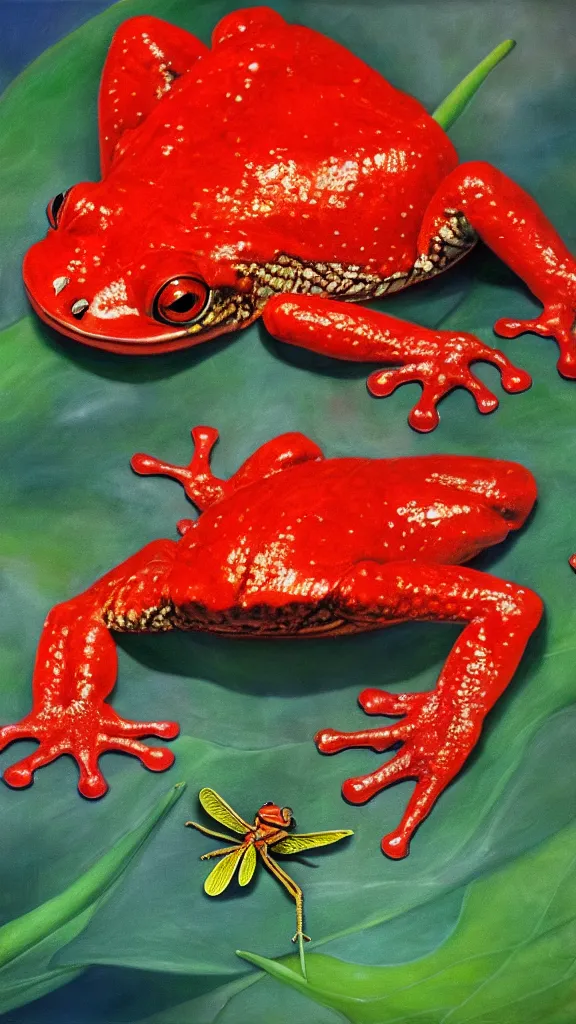 Image similar to giant red frog with giant dragonfly wings, photorealism, oil paint, renaissance, 8 k, high detail whide shot