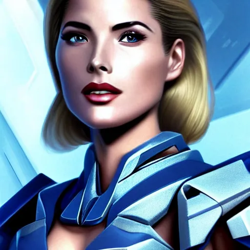 Image similar to A combination of Grace Kelly's and Ada Wong's and Ashley Greene's appearances with blonde hair wearing Forerunner armor from Halo, high tech, action shot, angular, full body portrait, futuristic, dramatic, fantasy, intricate, elegant, highly detailed, artstation, matte, sharp focus, 8K, art by Artgerm and Greg Rutkowski and Alphonse Mucha