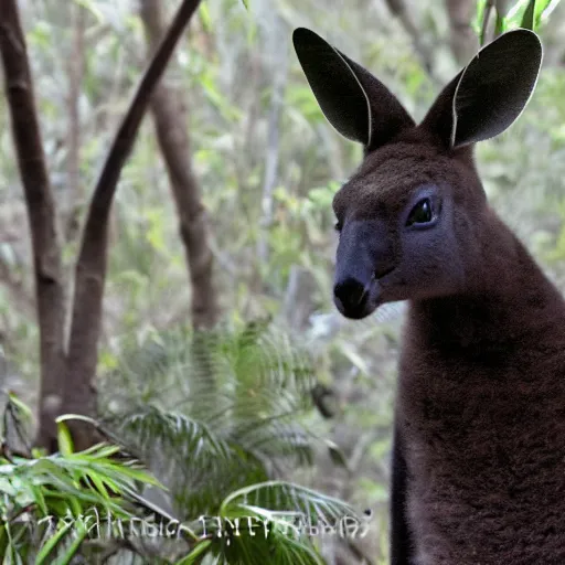 Prompt: photograph of a black Kangaroo spying in a dense jungle, military kangaroo, machine gun