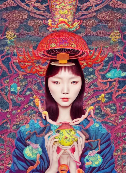 Image similar to pretty chinese model with hallucination mushroom : : by martine johanna and simon stalenhag and chie yoshii and casey weldon and wlop : : ornate, dynamic, particulate, rich colors, intricate, elegant, highly detailed, vogue, harper's bazaar art, fashion magazine, smooth, sharp focus,