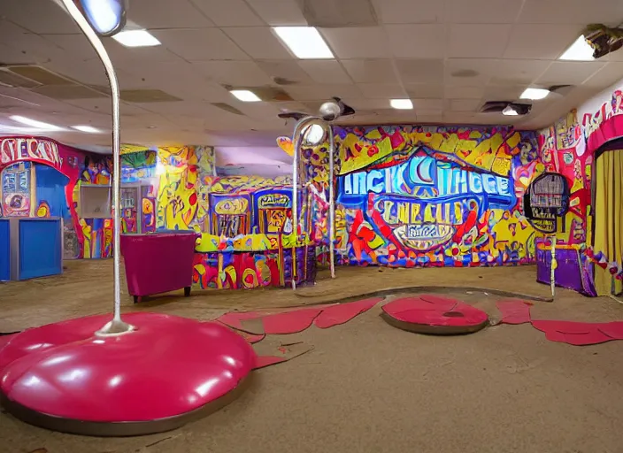 Prompt: the inside of the building for a circus themed Chuck E. Cheese’s play place. It’s permanently shut down, abandoned, Wisconsin, out of business Chuck E. Cheese building, got shut down because the mascot scared kids, interior, liminal spaces, backrooms, empty