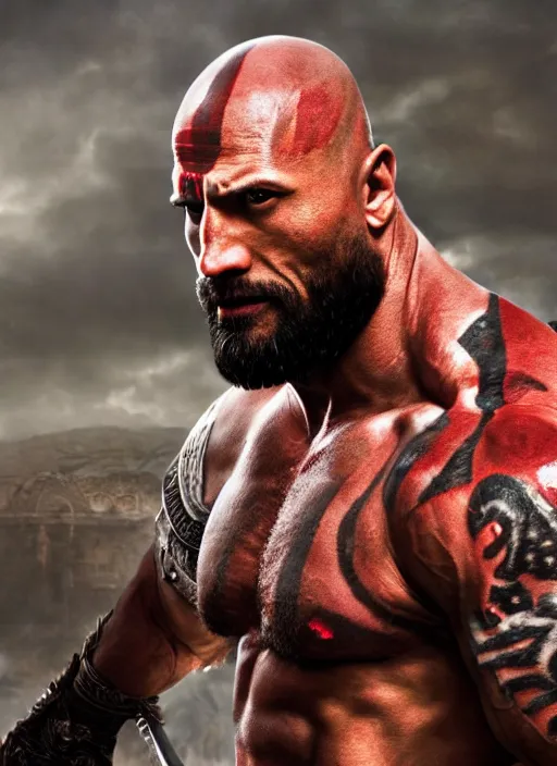 Image similar to film still, a highly detailed beautiful closeup photo of dwayne johnson kratos hybrid god of war holding a sword and fighting zombies on a pile of human skulls, spartan warrior, olympian god, muscular!,, action pose, ambient lighting, volumetric lighting, octane, fantasy