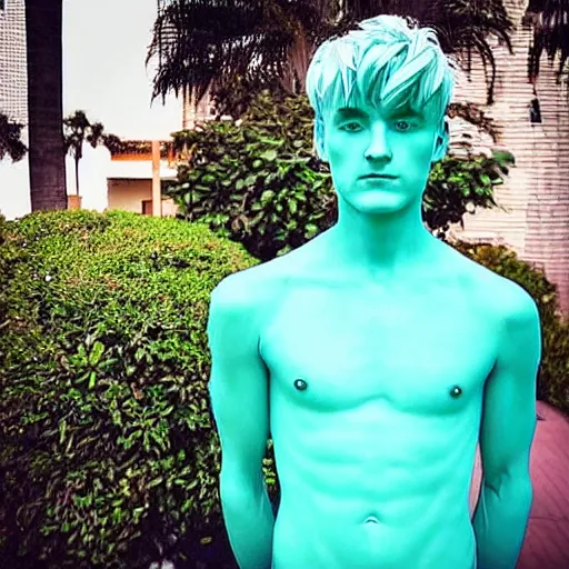 Image similar to “a realistic detailed photo of a guy who is an attractive humanoid who is half robot and half humanoid, who is a male android, twitch streamer Ninja Tyler Blevins, shiny skin, posing like a statue, blank stare, fountain outside house, display”