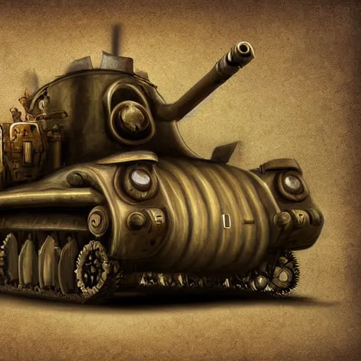 Prompt: a tank with mechanical legs, a gnome peeking out, steam punk, detailed digital art