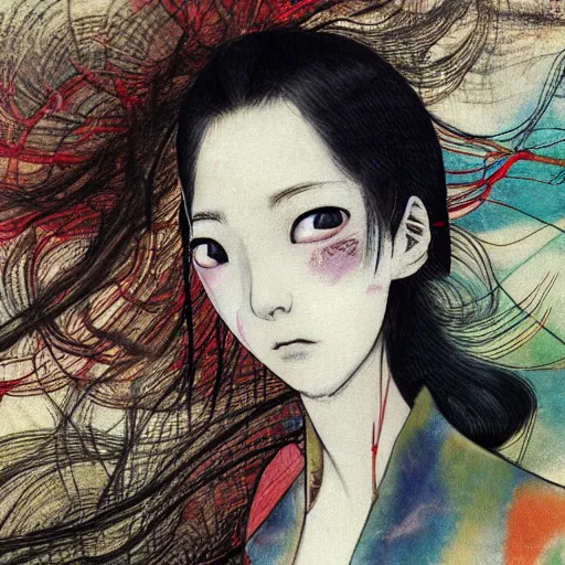 Image similar to yoshitaka amano blurred and dreamy realistic illustration of a young japanese woman with black eyes, wavy white hair fluttering in the wind wearing dress suit with tie, junji ito abstract patterns in the background, satoshi kon anime, noisy film grain effect, highly detailed, renaissance oil painting, weird portrait angle, blurred lost edges, three quarter view