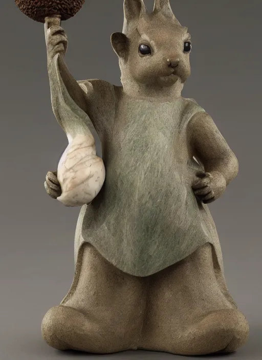 Image similar to A marble statue of a squirrel holding an acorn in the style of Statue of Liberty. museum photo