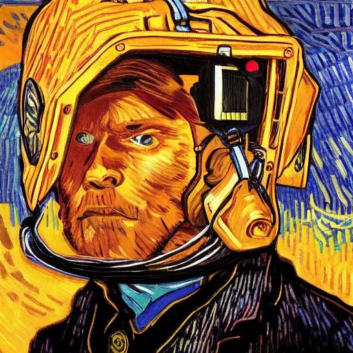 Image similar to Illustrated by Shepard Fairey and Greg Rutkpwski | Cyberpunk Van Gogh with VR helmet, surrounded by cables