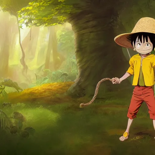Image similar to concept art painting of an anthropomorphic luffy wearing a yellow cloak, holding a straw hat, in the deep forest, realistic, detailed, cel shaded, in the style of by isaac asimov and marc simonetti and makoto shinkai and greg rutkowski