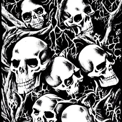 Prompt: Skulls lying under a dead tree. Close Up Shot, Dark Fantasy, Film Noir, Black and White. High Contrast, Mike Mignola, D&D, OSR