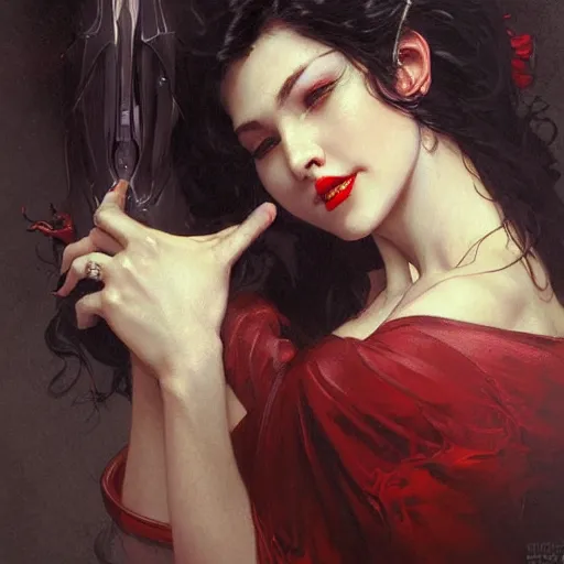 Image similar to portrait of a very beautiful vampire by Stanley Artgerm Lau , greg rutkowski, thomas kindkade, alphonse mucha, loish, norman rockwell, J. C. Leyendecker. dark black hair, pale skin, detailed eyes, red lips, crying tears of blood. Trending on artstation rule of thirds extremely detailed illustration hd 4k