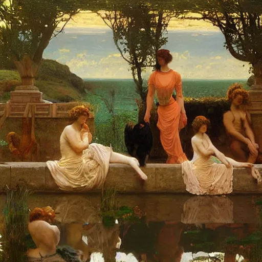 Prompt: oil painting on wood. 1 8 9 6. titled fables. by herbert james draper, sir lawrence alma - tadema, john william godward. epitome of victorian era.