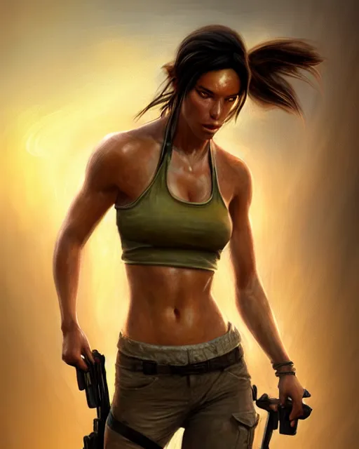 Prompt: lara croft, perfect face, beige halter top, abs, cinematic, stunning, athletic, strong, agile, highly detailed, psychedelic, digital painting, artstation, smooth, hard focus, illustration, art by jessica rossier and and brian froud