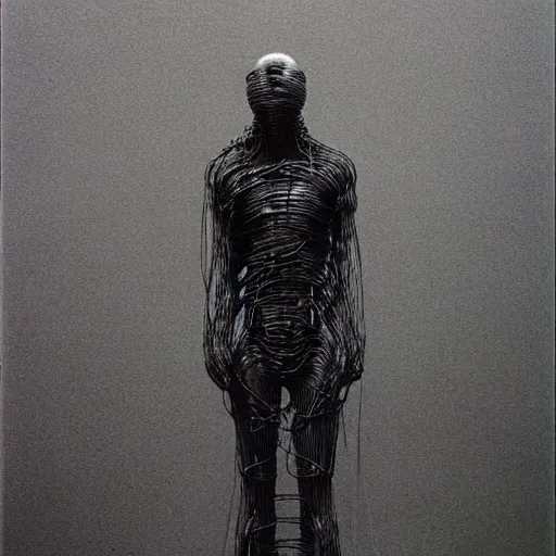 Prompt: a man made of wire, by beksinski and wayne barlowe,